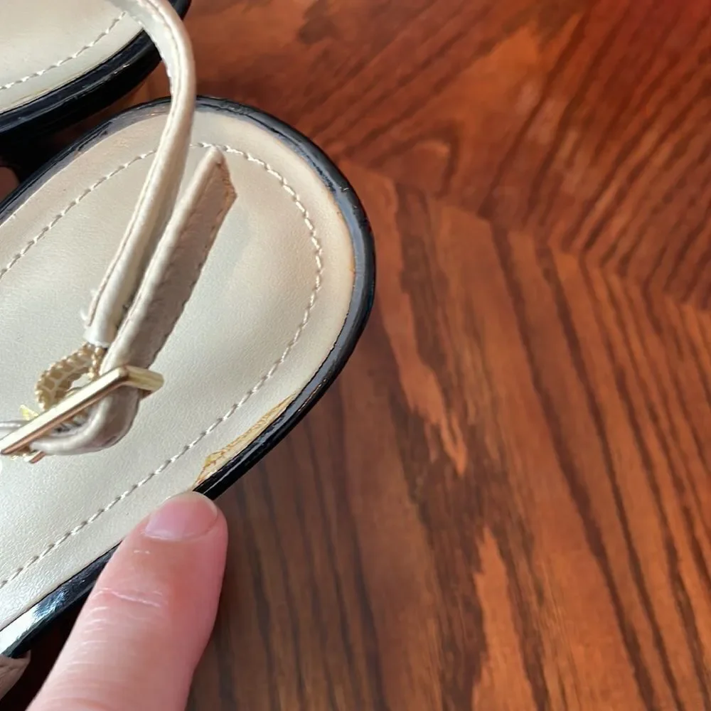Nine West ivory leather black patent and gold accent slingback platform heels